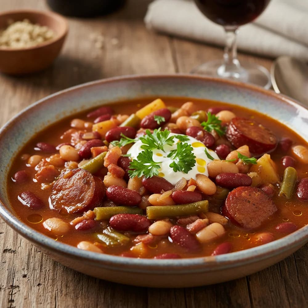 Deftiger Bohneneintopf mit geräuchertem Speck
