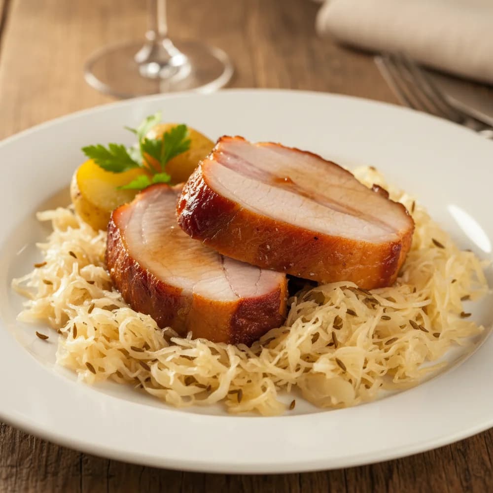 Deftiges Kasseler mit herzhaftem Sauerkraut und knusprigen Kartoffeln