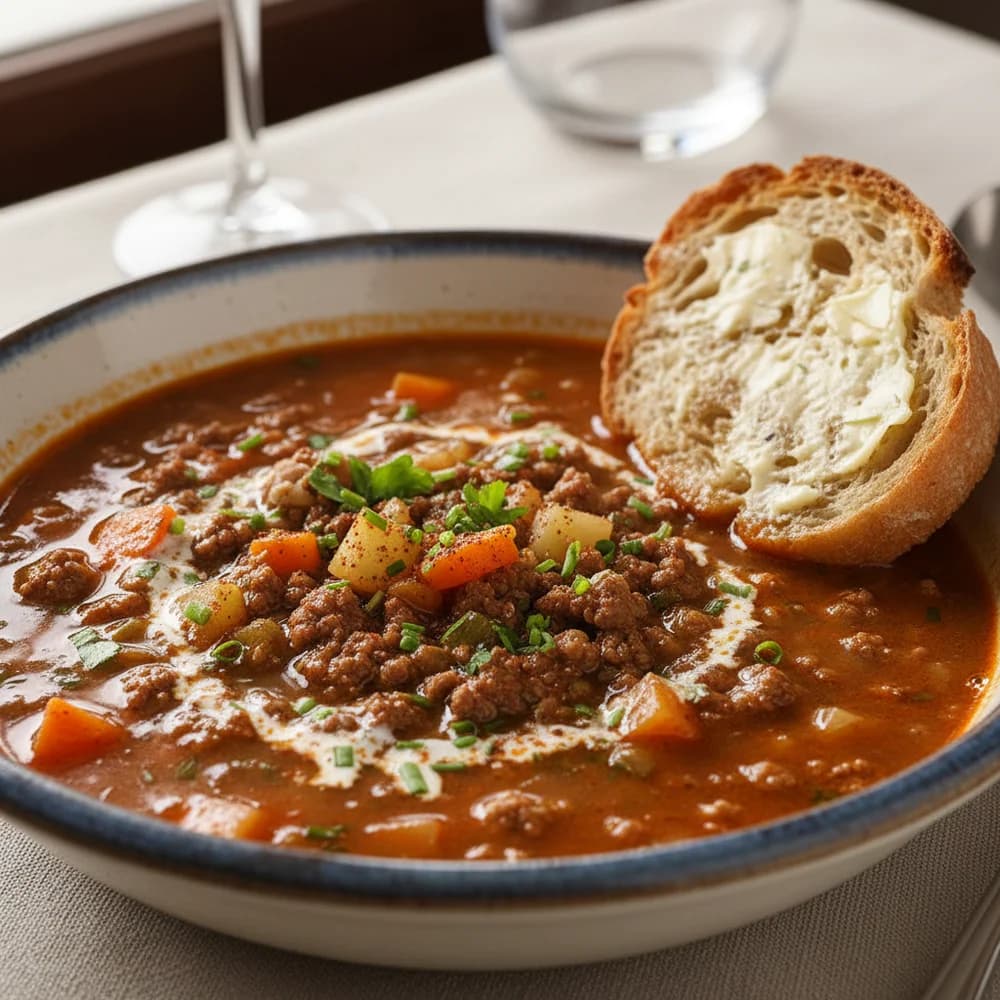 Herzhafte Gehacktessuppe mit buntem Gemüse