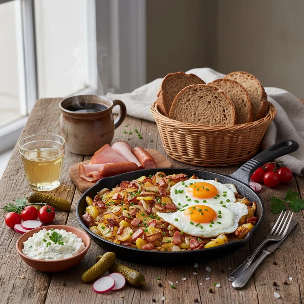 Herzhaftes Bauernfrühstück mit knusprigem Speck und frischen Kräutern