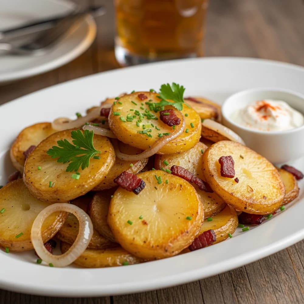 Klassische Bratkartoffeln mit Zwiebeln und Speck