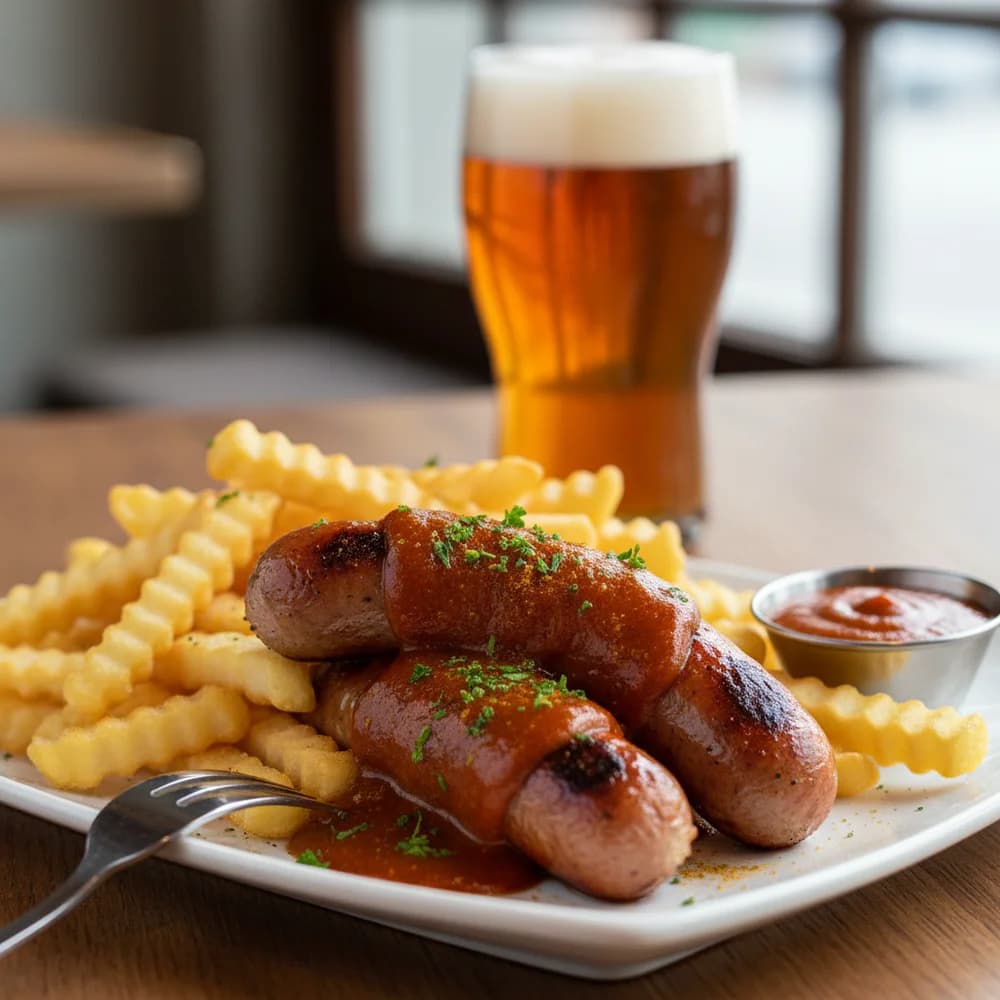 Klassische Currywurst mit knusprigen Pommes Frites