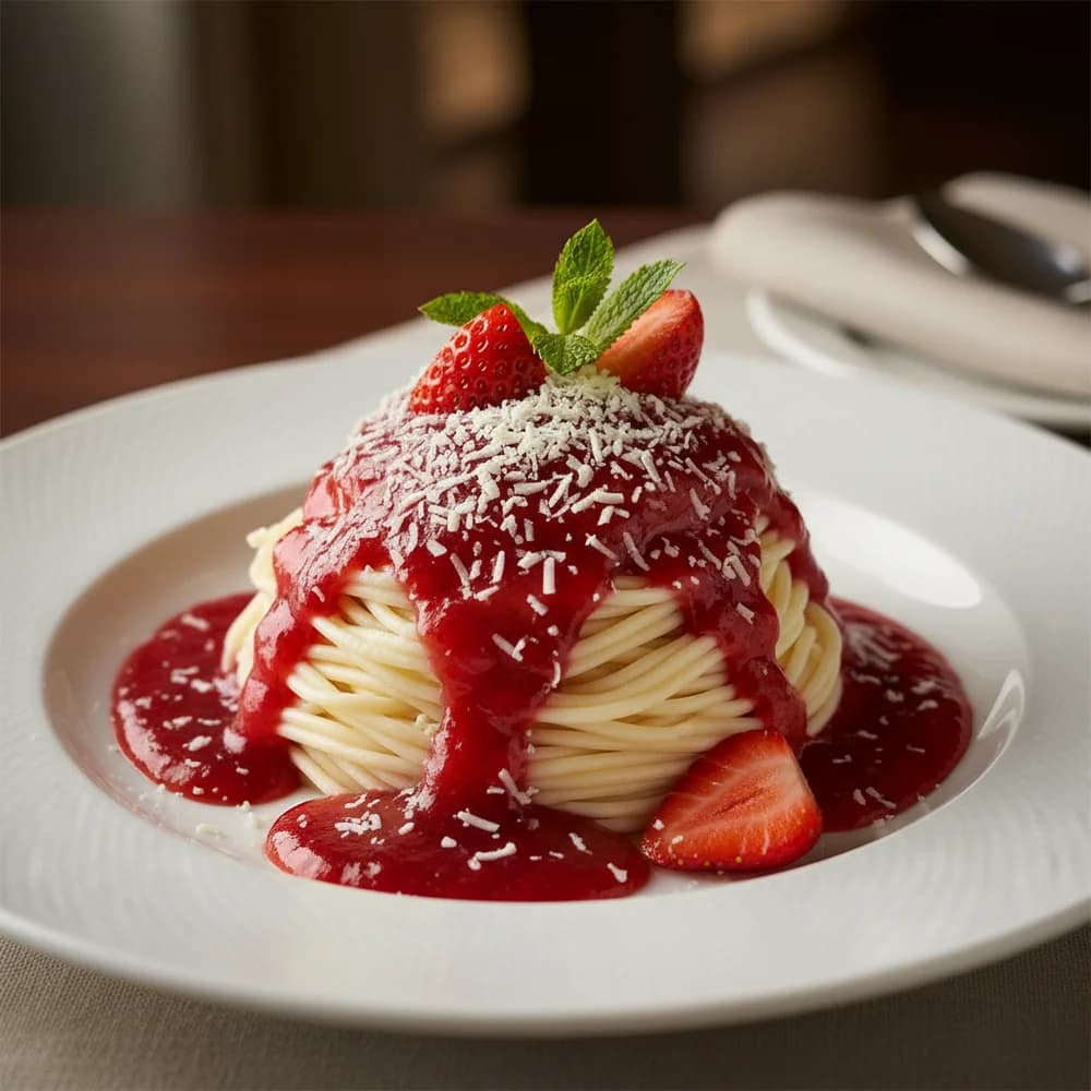 Klassisches Spaghetti-Eis mit Erdbeersauce