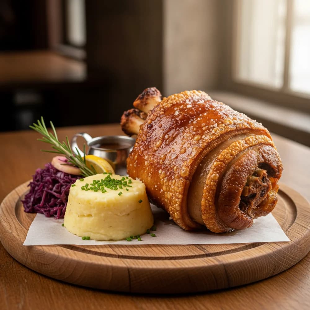 Knusprige Bayerische Schweinshaxe mit Dunkelbiersauce