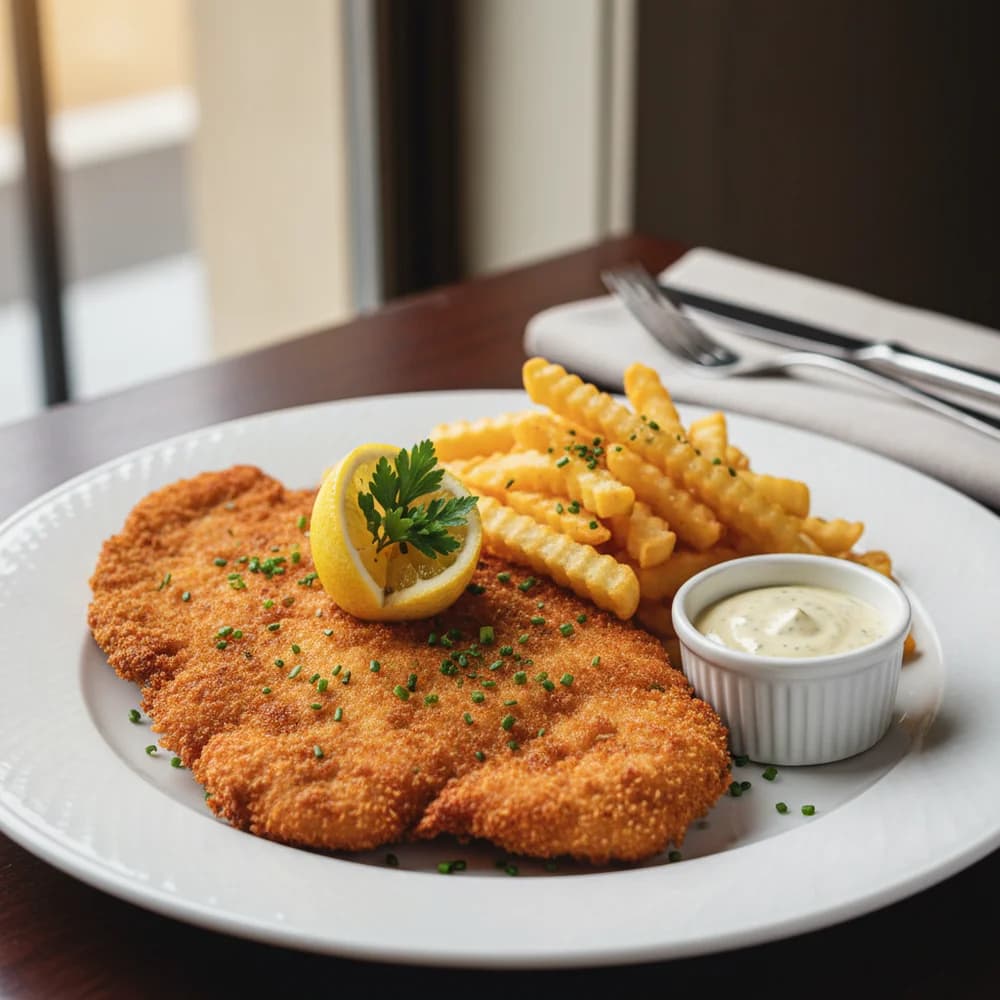 Knuspriges Wiener Schnitzel mit goldbraunen Pommes Frites