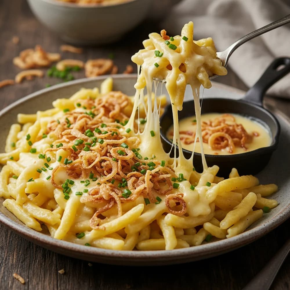 Köstliche Käsespätzle mit knusprigen Röstzwiebeln