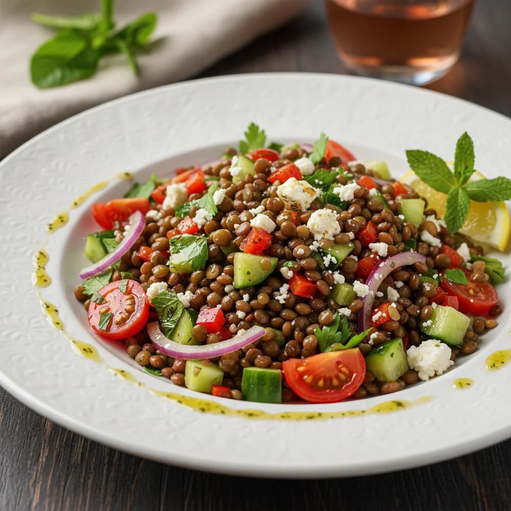 Mediterraner Belugalinsen-Salat mit frischem Gemüse