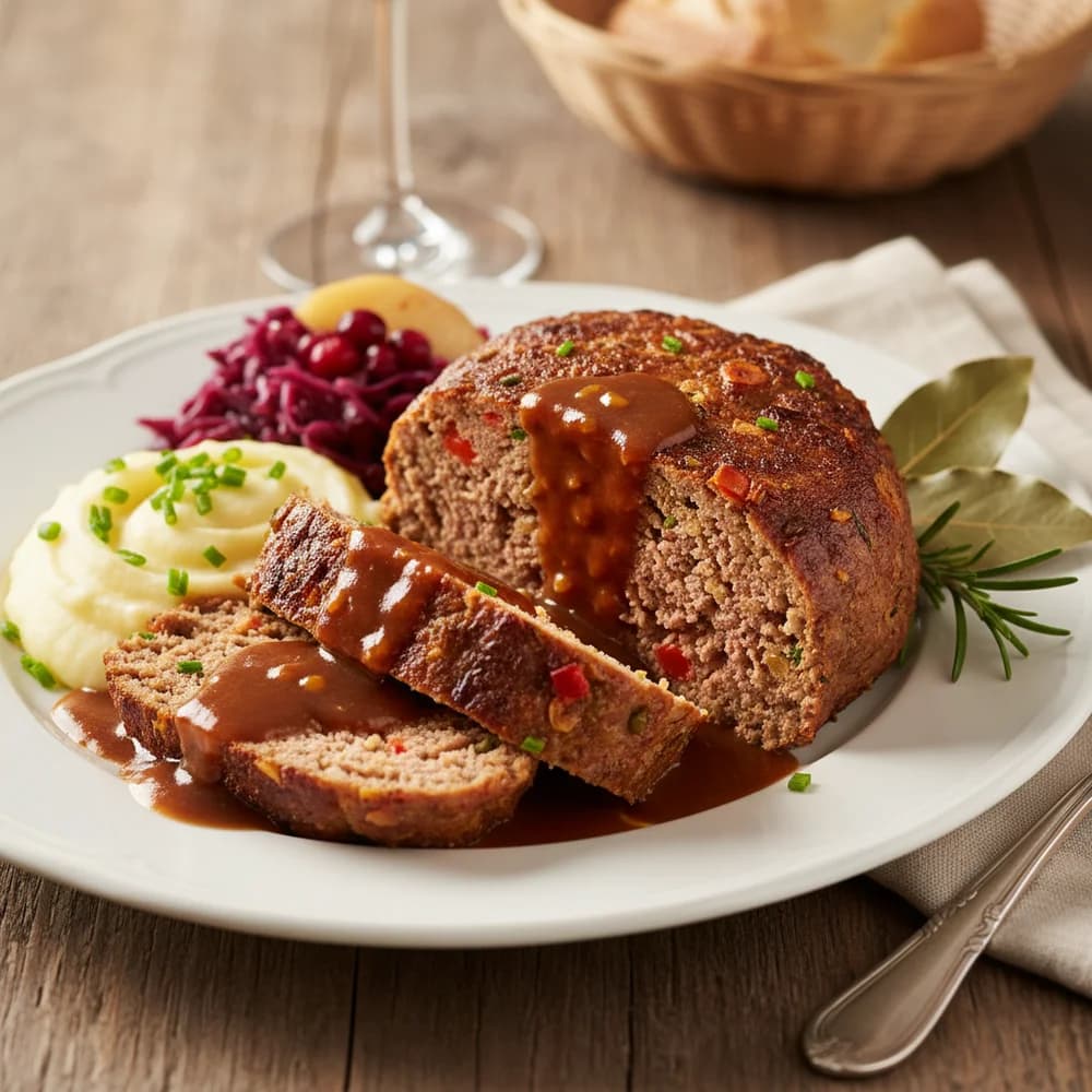 Saftiger Hackbraten mit Kräuter-Senf-Glasur