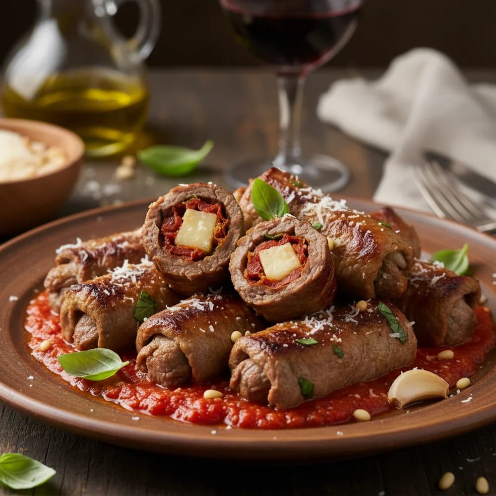 Zarte Rinder-Involtini in aromatischer Tomatensoße