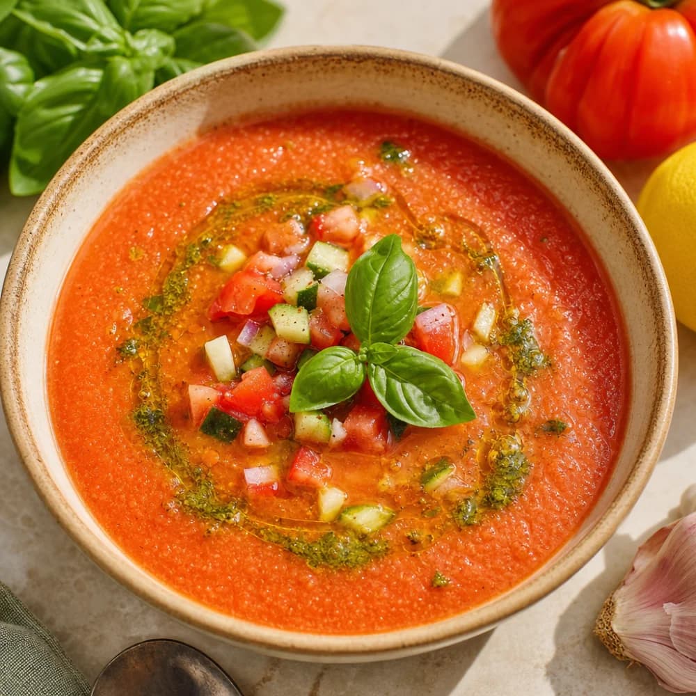 Andalusischer Sommer-Gazpacho mit Basilikum-Zitronen-Öl