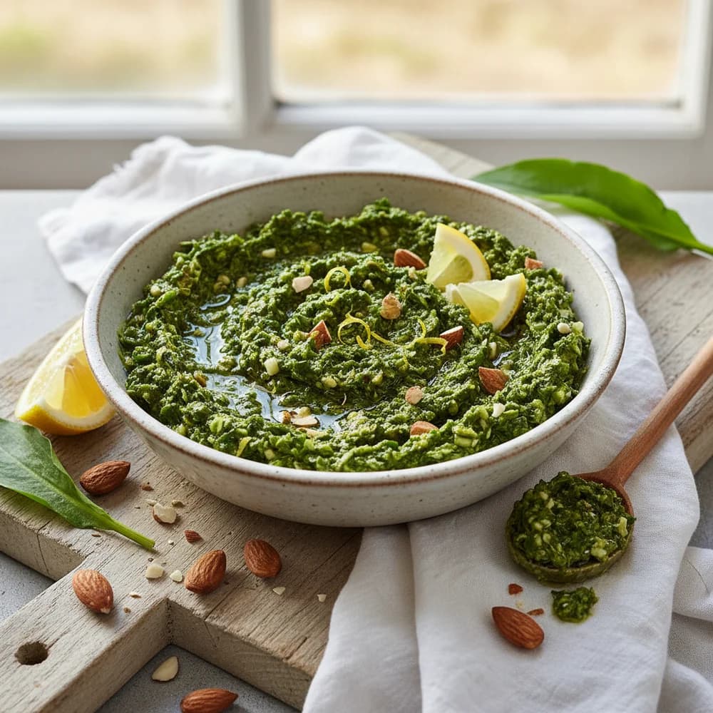 Aromatisches Bärlauch-Pesto mit gerösteten Mandeln und Zitrone
