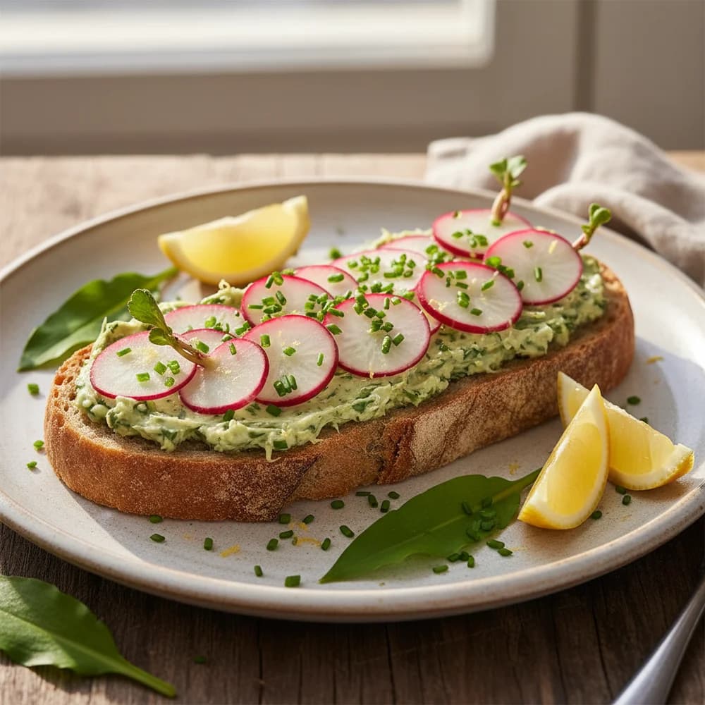 Aromatisches Bärlauch-Zitronen-Butterbrot mit Radieschen