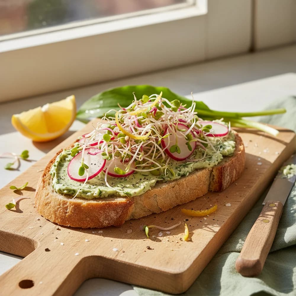 Aromatisches Bärlauch-Zitronen-Butterbrot mit Radieschen-Sprossen