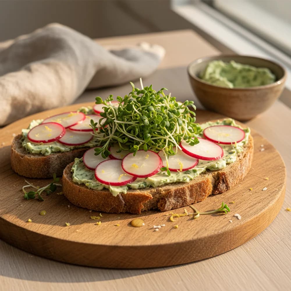 Aromatisches Bärlauch-Zitronen-Butterbrot mit Radieschen und Kresse