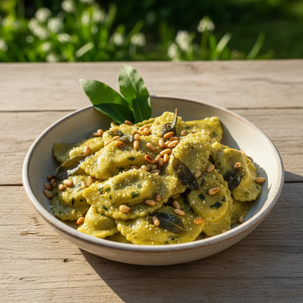 Bärlauch-Ricotta-Ravioli mit Salbeibutter und gerösteten Pinienkernen
