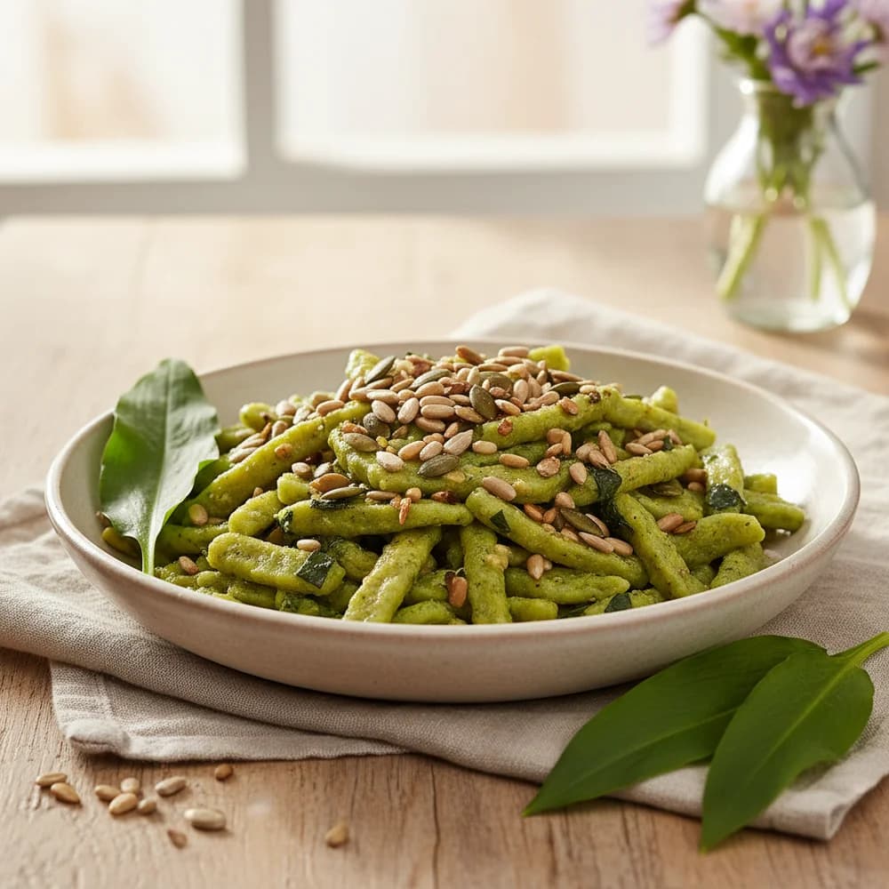 Bärlauch-Spätzle mit Nussbutter und gerösteten Kernen