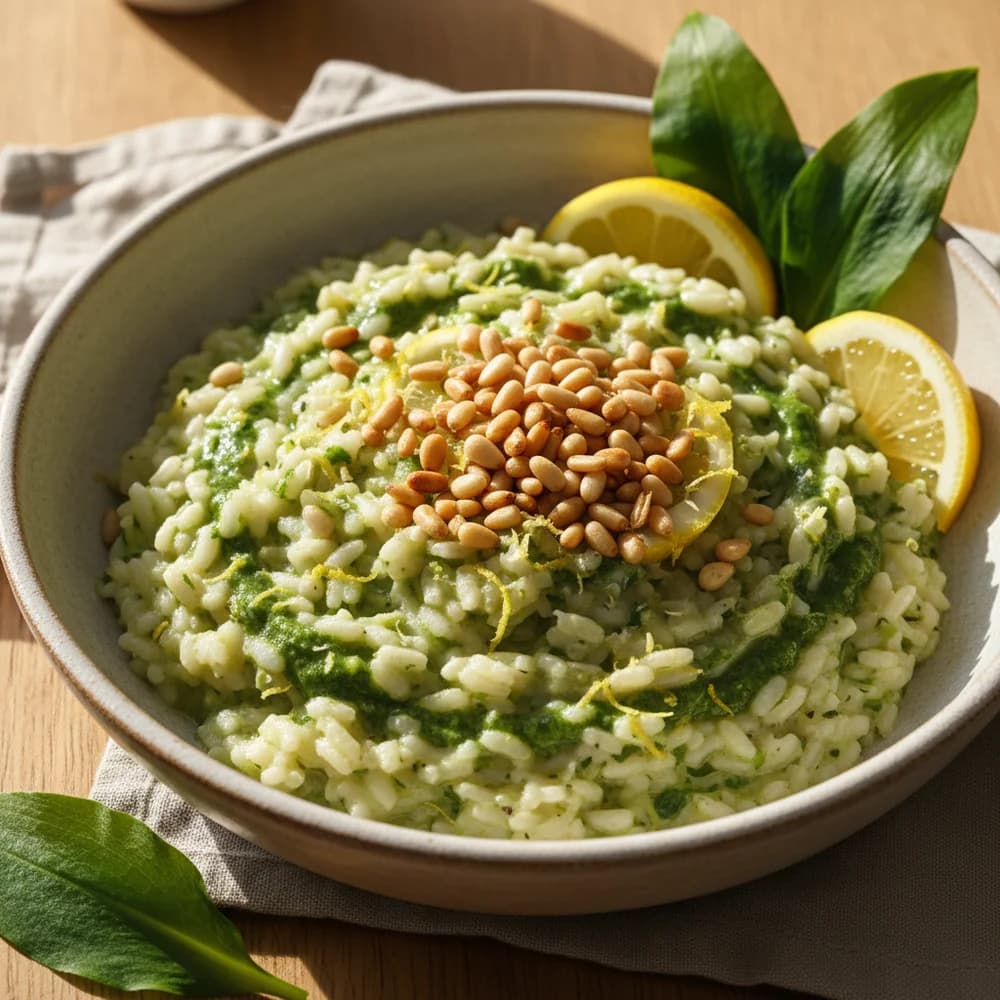 Bärlauch-Zitronen-Risotto mit gerösteten Pinienkernen