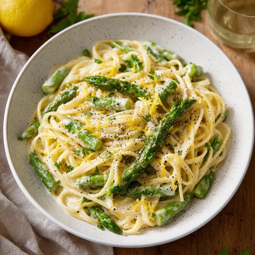 Blitz-Spargelpasta mit cremiger Zitronen-Joghurt-Sauce