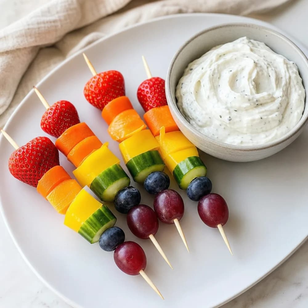 Bunte Regenbogen-Spießchen mit Dip-Wolken