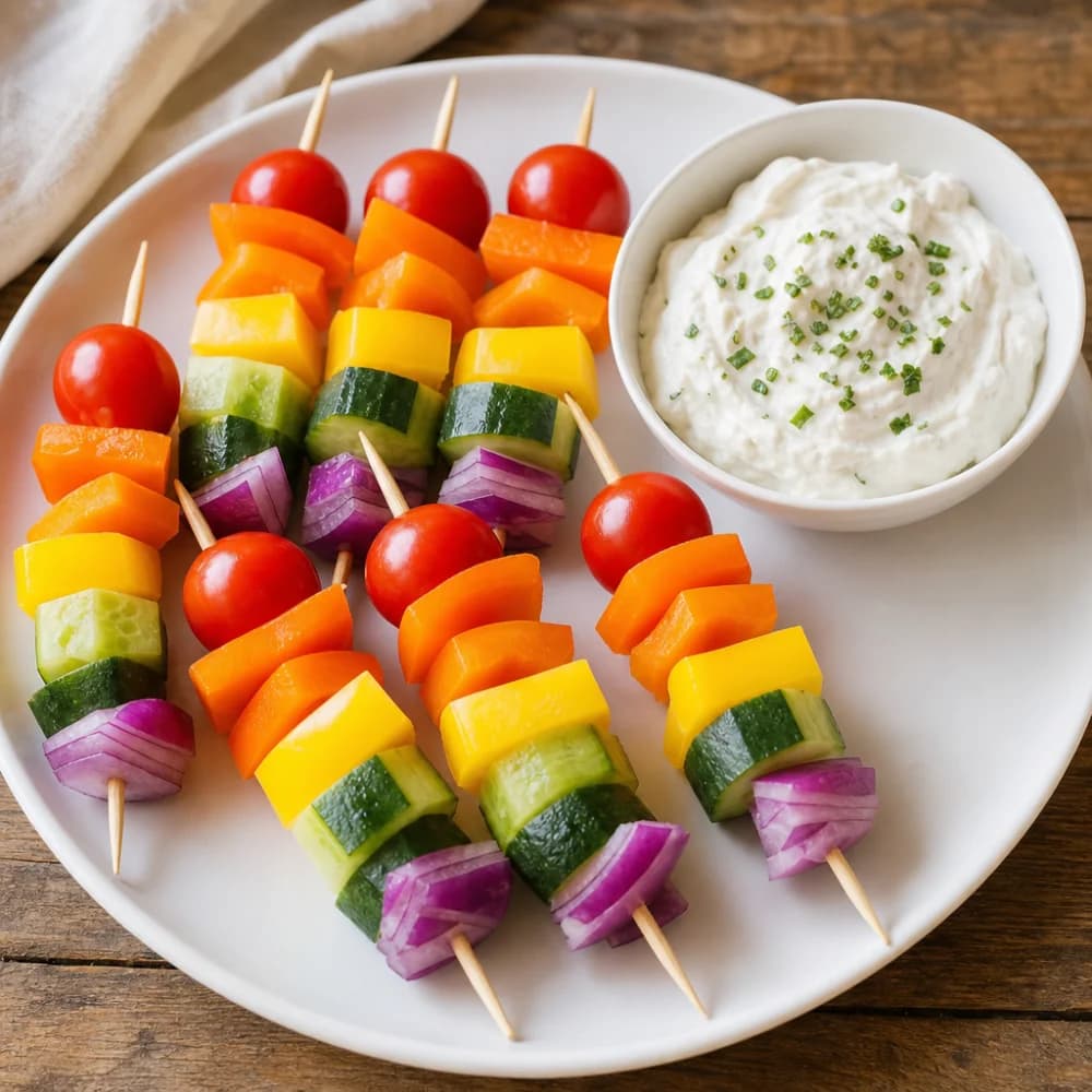 Bunte Regenbogen-Spießchen mit Frischkäse-Dip