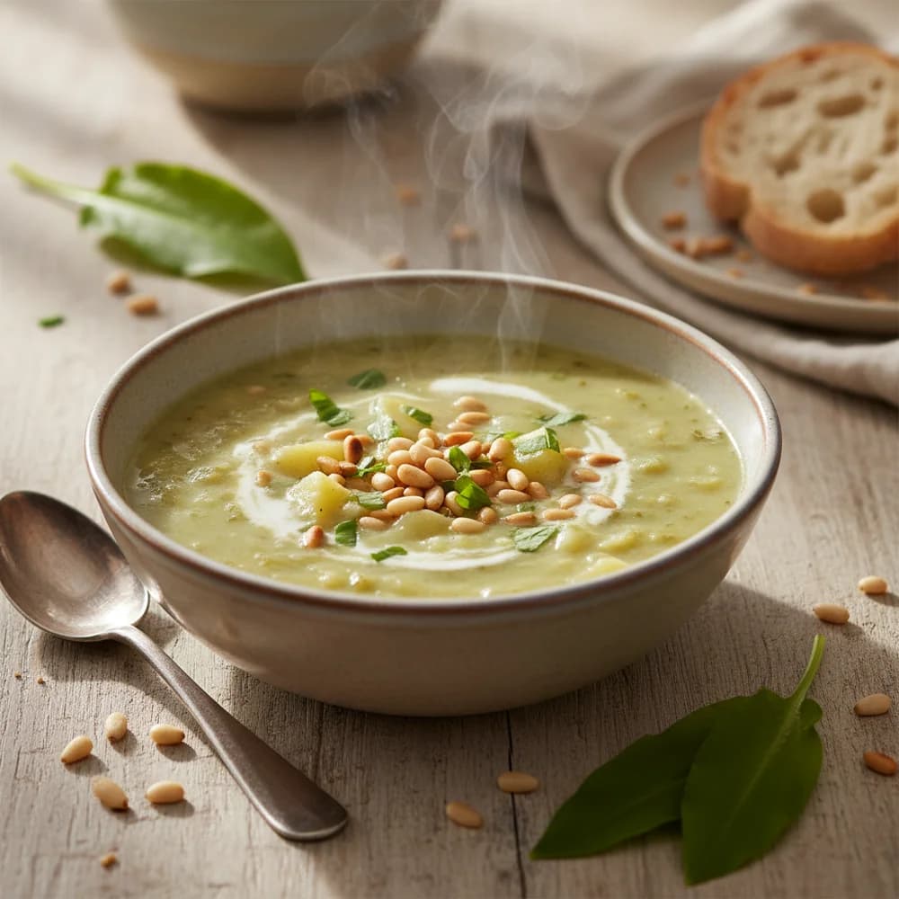Cremige Bärlauch-Kartoffel-Suppe mit gerösteten Pinienkernen