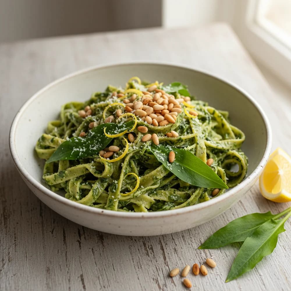Cremige Bärlauch-Zitronen-Pasta mit gerösteten Pinienkernen