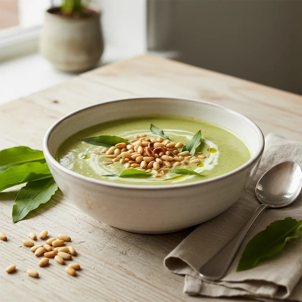 Cremige Bärlauchsuppe mit gerösteten Pinienkernen