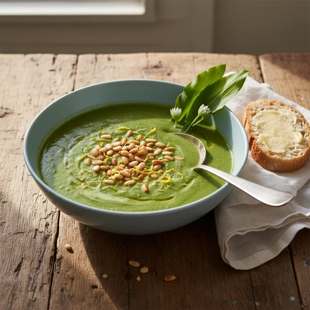 Cremige Bärlauchsuppe mit gerösteten Pinienkernen und Zitronenzeste