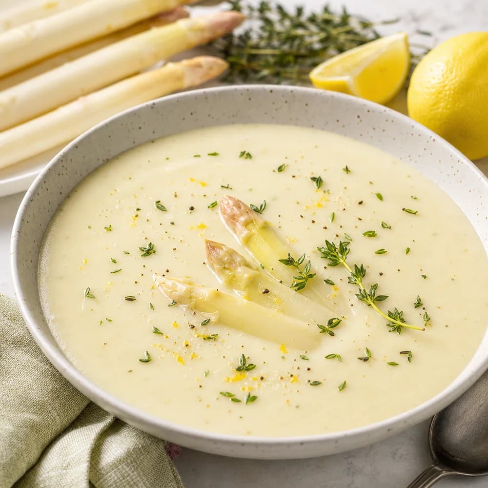 Cremige Spargelsuppe mit Zitronen-Thymian-Note