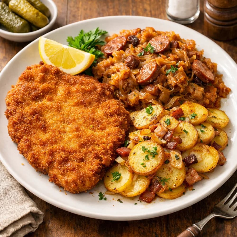 Deftiges Schnitzel mit herzhaftem Bigos und knusprigen Bratkartoffeln