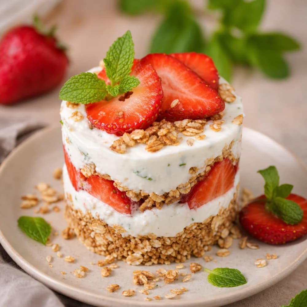Erdbeer-Minz-Quark-Türmchen mit knusprigem Hafer-Crunch