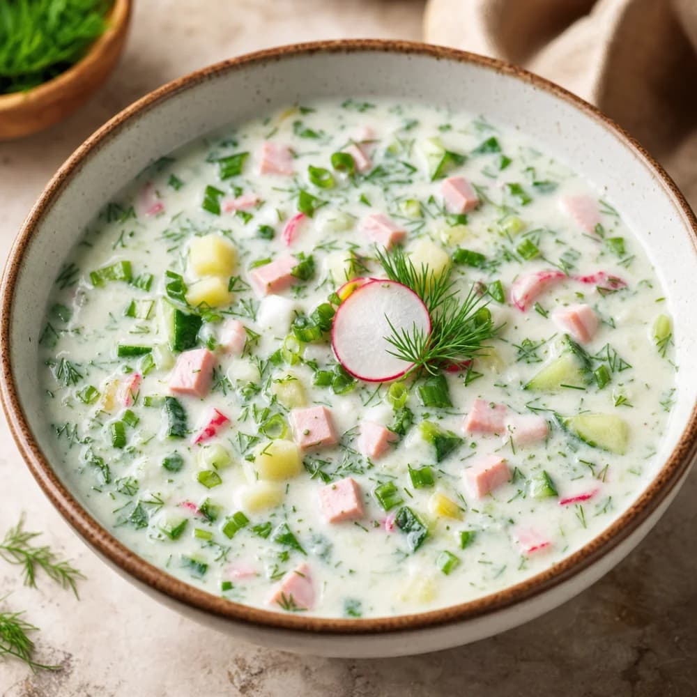 Erfrischende Okroschka mit herzhafter Wurst und Kräuter-Kefir