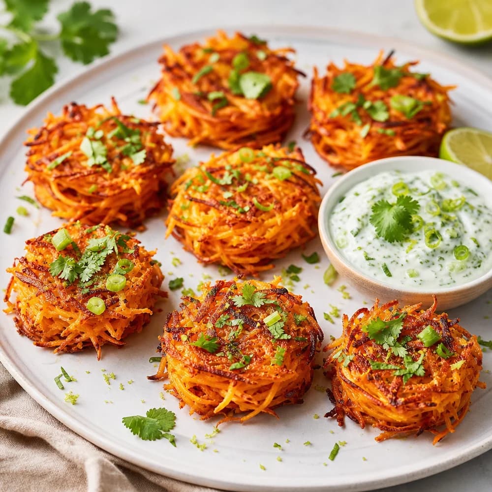 Festliche Süßkartoffel-Rösti-Türmchen mit Limetten-Koriander-Dip