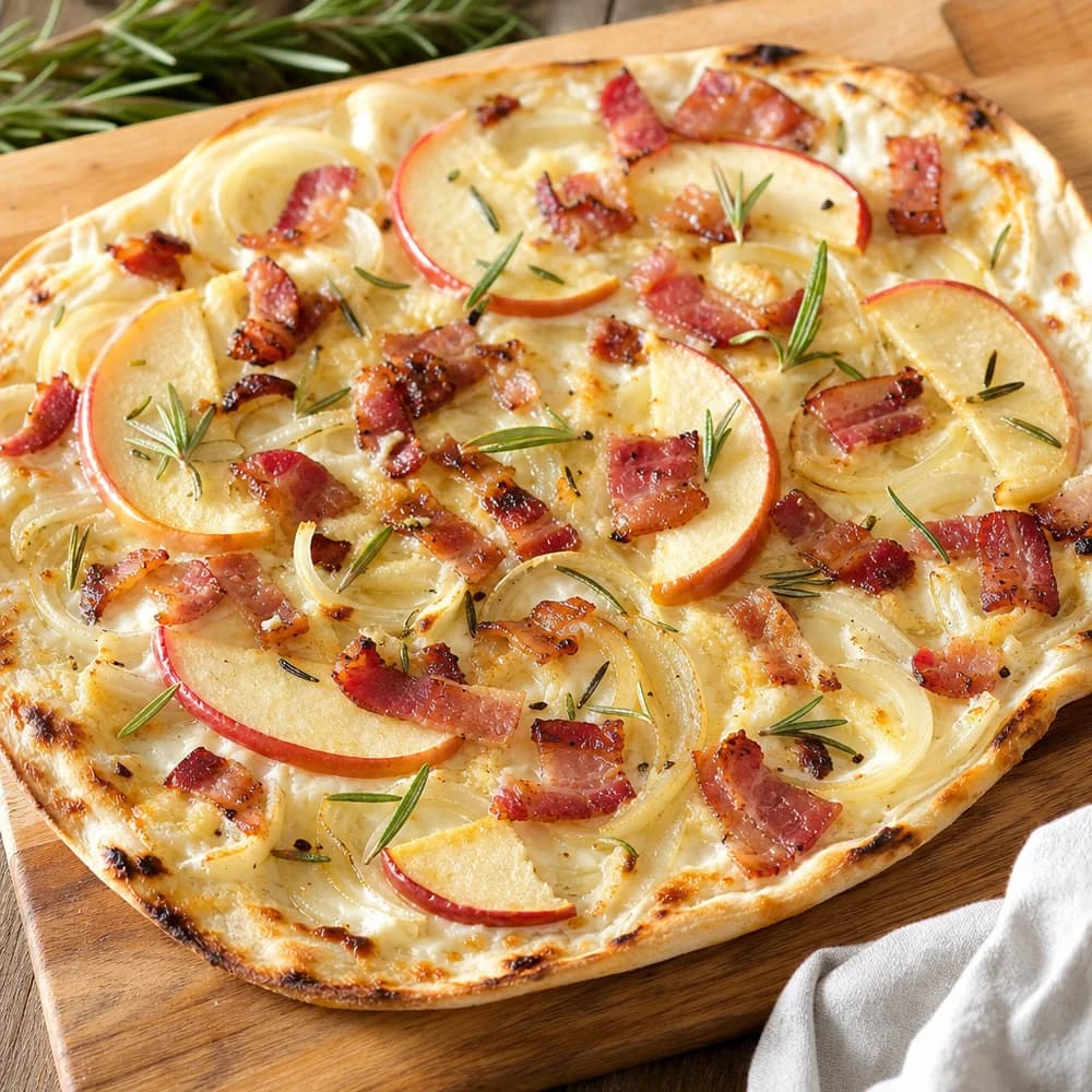 Festlicher Zwiebel-Speck-Flammkuchen mit Apfel und Rosmarin