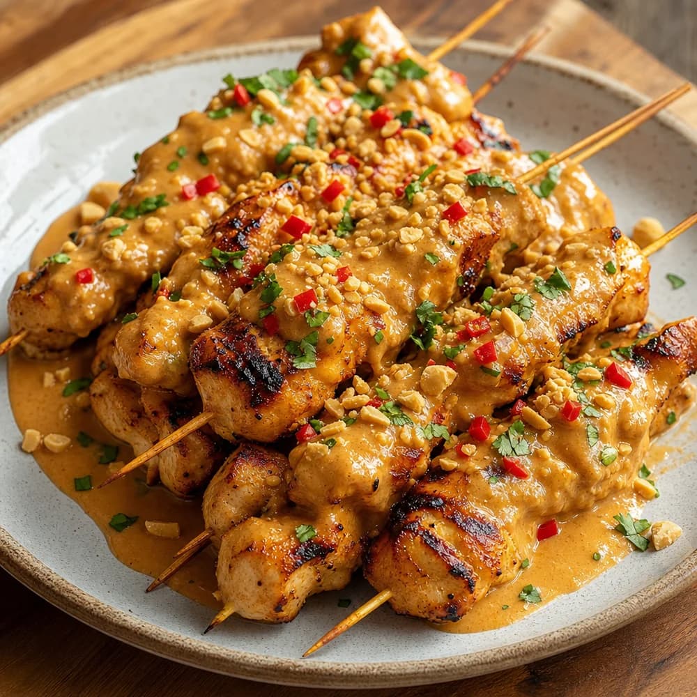 Feurige Bang-Bang-Chicken-Spieße mit cremiger Erdnusssauce