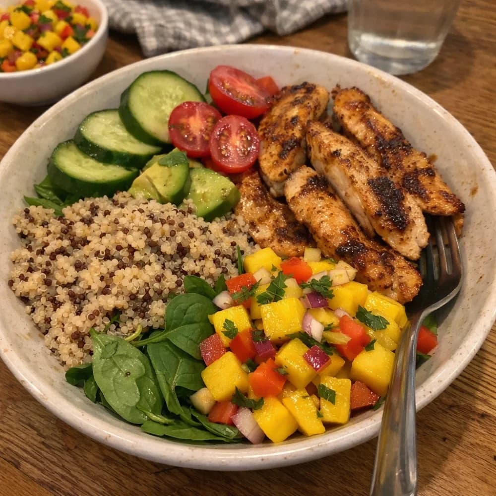 Fitness-Bowl mit Hähnchen-Streifen, Quinoa und Mango-Salsa