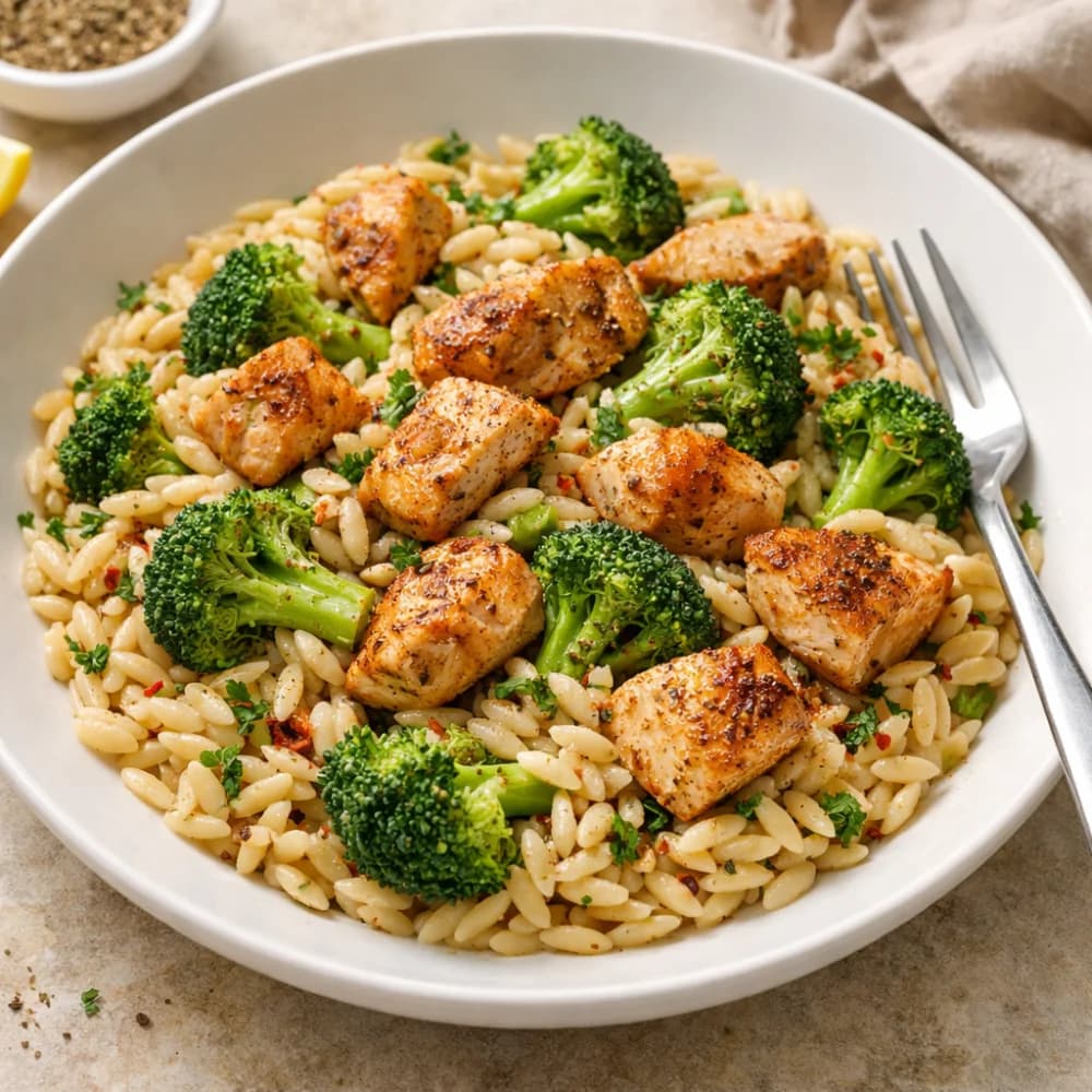 Fitness-Orzo-Pfanne mit würzigem Hähnchen und Brokkoli