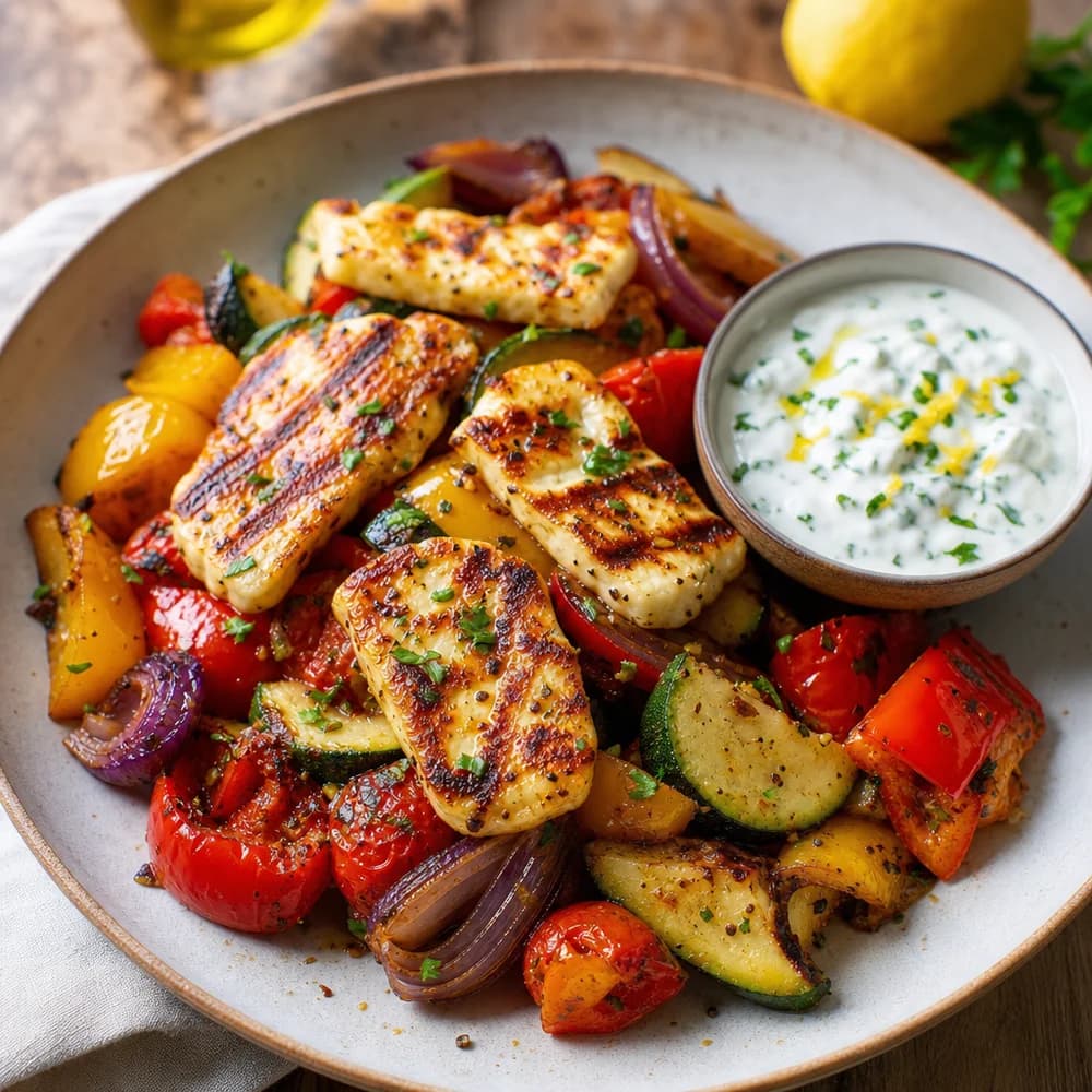 Fix & Fertig Halloumi-Gemüsepfanne mit Zitronen-Joghurt-Dip