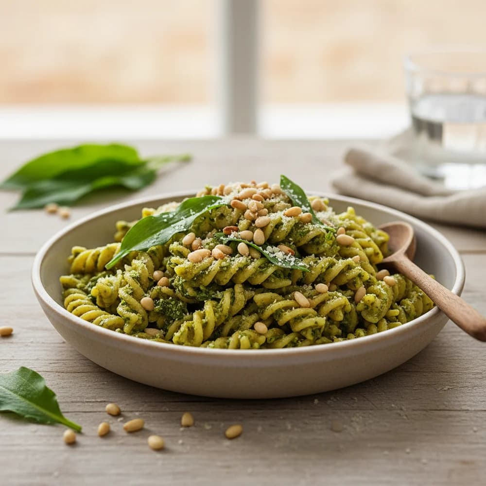 Frühlingsfrische Bärlauch-Pesto-Pasta mit gerösteten Pinienkernen