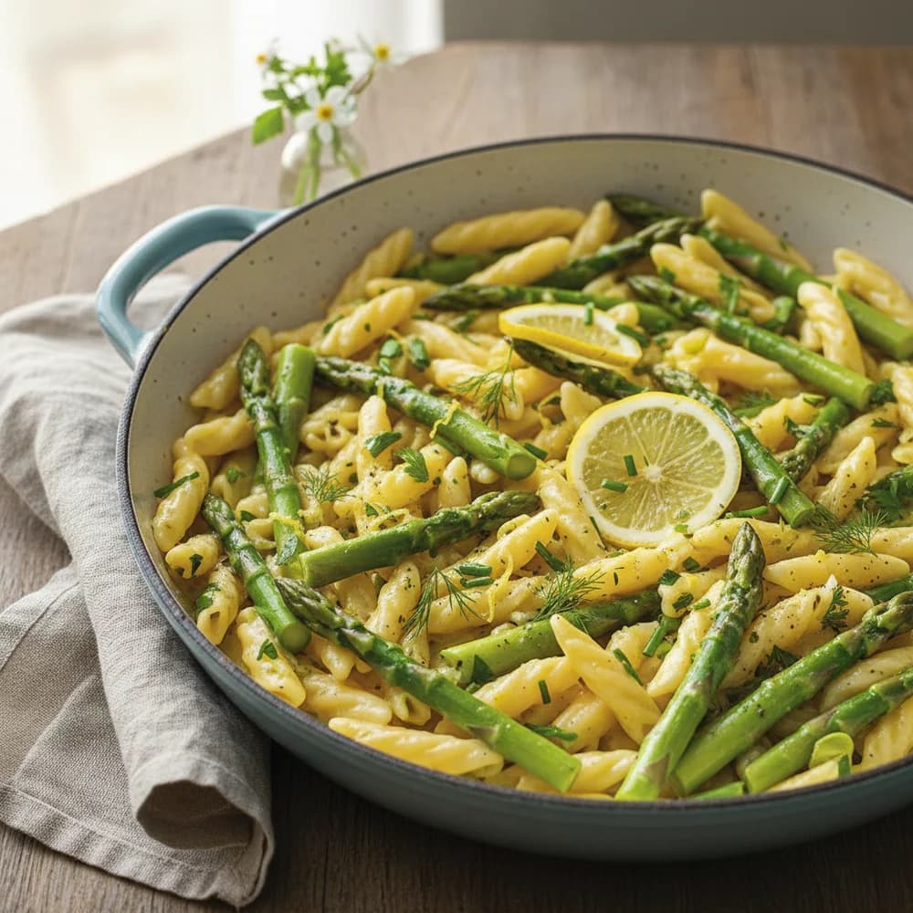 Frühlingshafte Spargel-Nudel-Pfanne mit Zitrone und Kräutern
