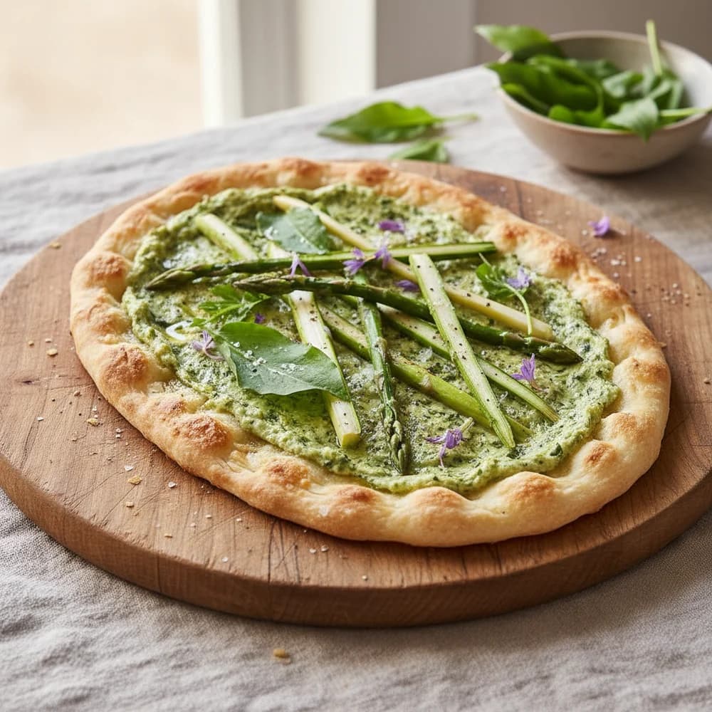 Frühlingshafter Spargel-Flammkuchen mit Bärlauch-Crème