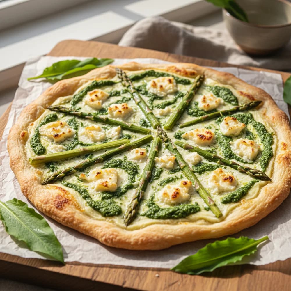 Frühlingshafter Spargel-Flammkuchen mit Bärlauch-Pesto