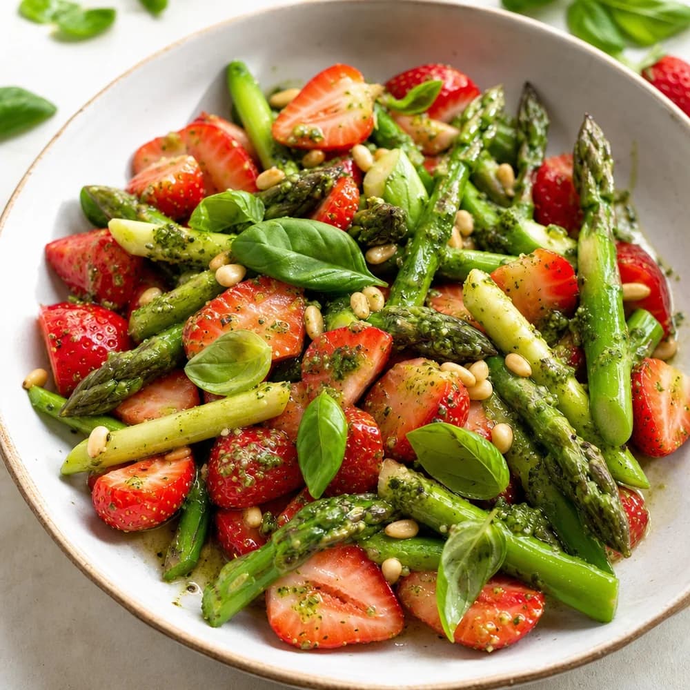 Frühlingshafter Spargelsalat mit Erdbeeren und Basilikum-Dressing