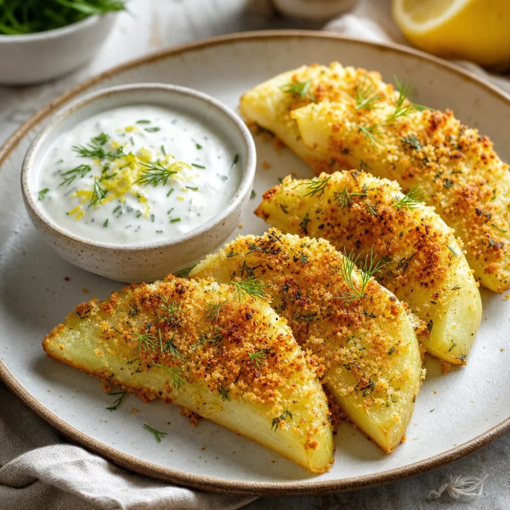 Gebackener Kohlrabi mit Kräuter-Zitronen-Panko und Joghurtdip