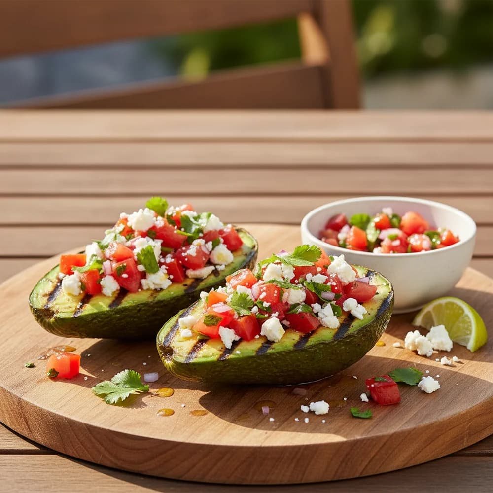 Gefüllte Grill-Avocados mit Feta und Kräuter-Tomaten-Salsa