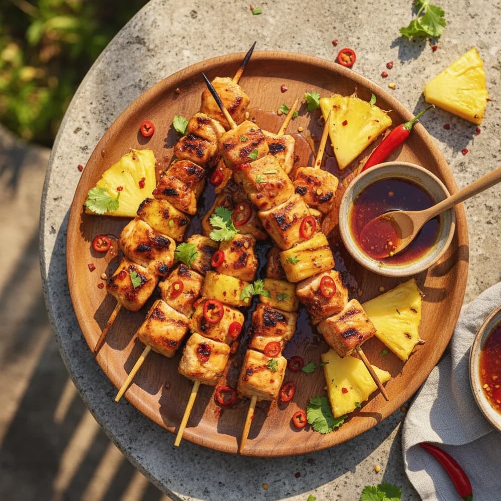 Gegrillte Hähnchen-Ananas-Spieße mit Honig-Chili-Glasur