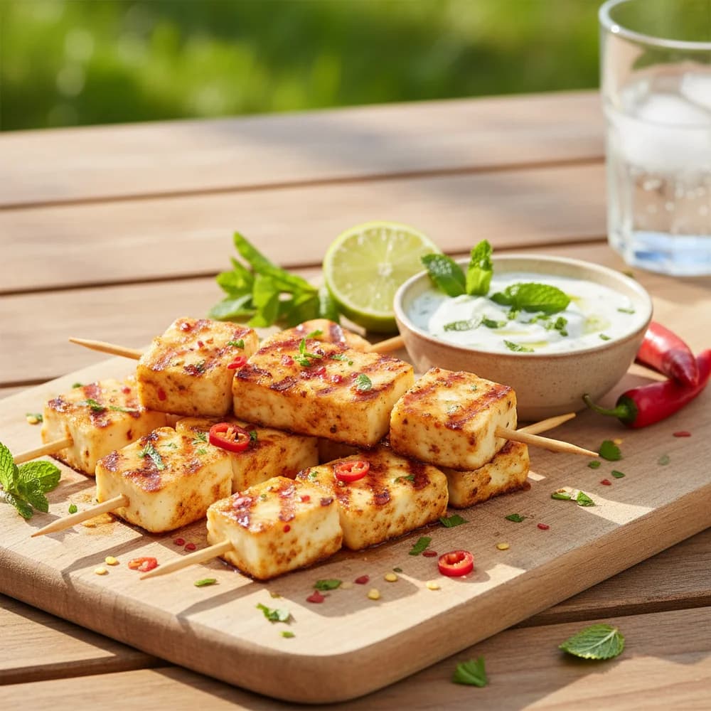 Gegrillte Halloumi-Spieße mit Honig-Chili-Glasur und Minz-Joghurt