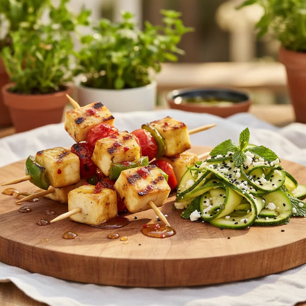 Gegrillte Halloumi-Spieße mit Honig-Chili-Glasur und Zucchini-Minz-Salat
