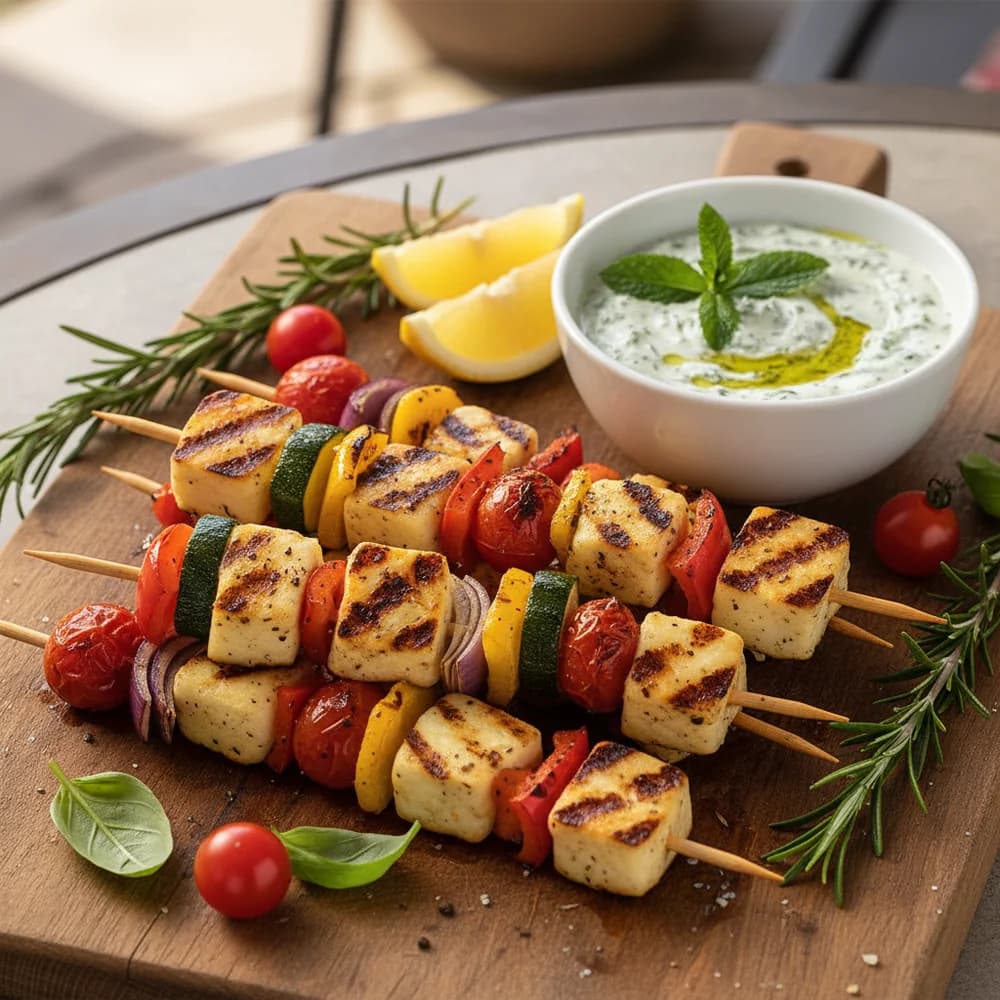 Gegrillte Halloumi-Spieße mit mediterranem Gemüse und Kräuter-Minz-Dip