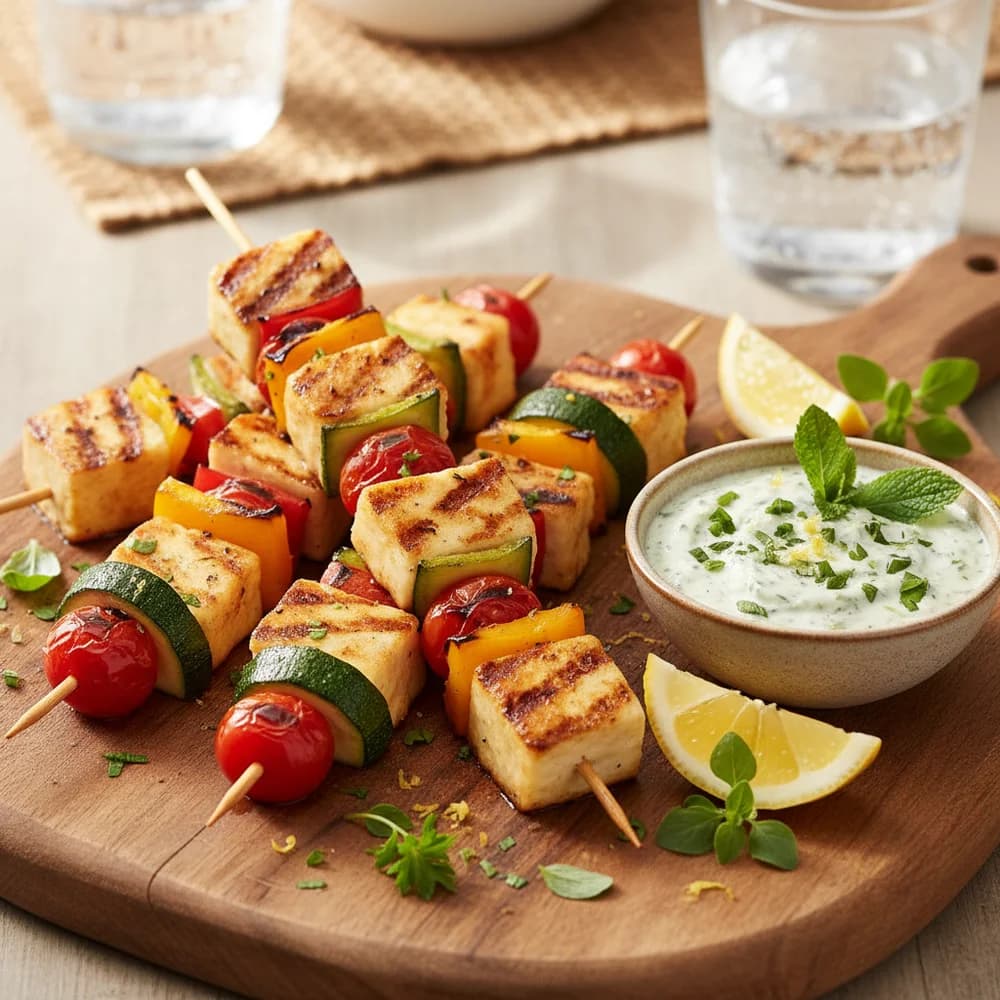 Gegrillte Halloumi-Spieße mit mediterranem Gemüse und Kräuter-Zitronen-Dip